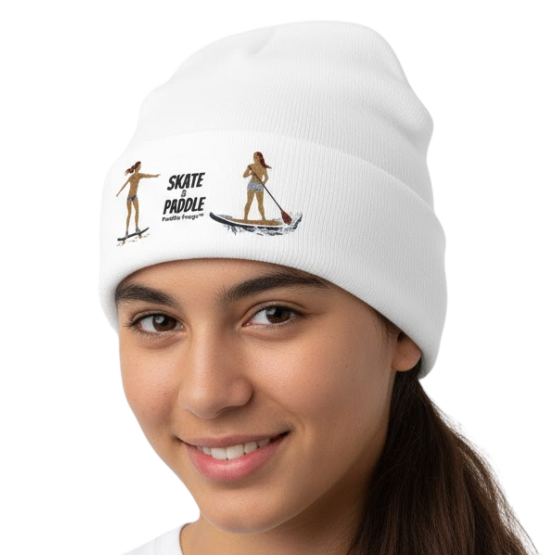 White Tides & Trails Beanie: Life in Balance, Skate & Paddle headwear by Paddle Frogs™ Outdoor Gear on a transparent background