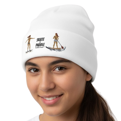White Tides & Trails Beanie: Life in Balance, Skate & Paddle headwear by Paddle Frogs™ Outdoor Gear on a transparent background