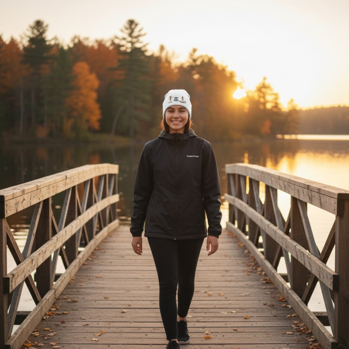 Tides & Trails Beanie: Life in Balance, Skate & Paddle headwear by Paddle Frogs™ Outdoor Gear walking the kayak ramp wearing the packable Ascend Windbreaker - Lightweight Hoodie Jacket