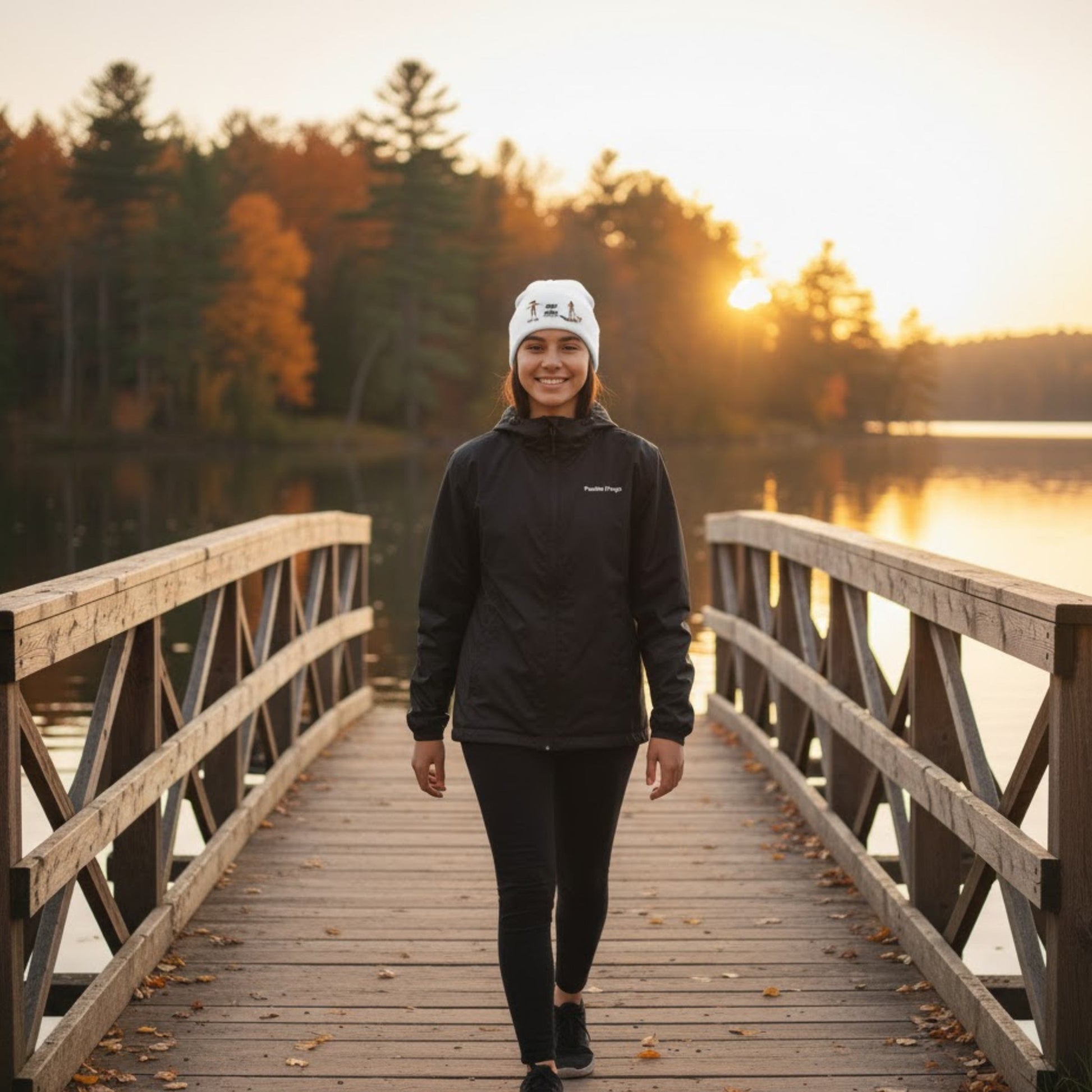 Tides & Trails Beanie: Life in Balance, Skate & Paddle headwear by Paddle Frogs™ Outdoor Gear walking the kayak ramp wearing the packable Ascend Windbreaker - Lightweight Hoodie Jacket