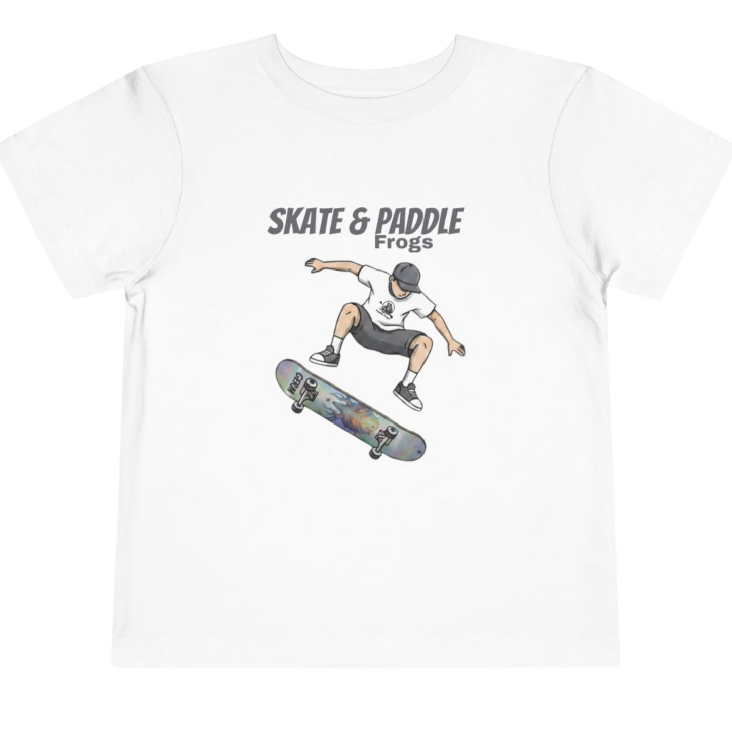 Toddler Skateboard Tee — Germ "Skate & Paddle Frogs™ White on a transparent background