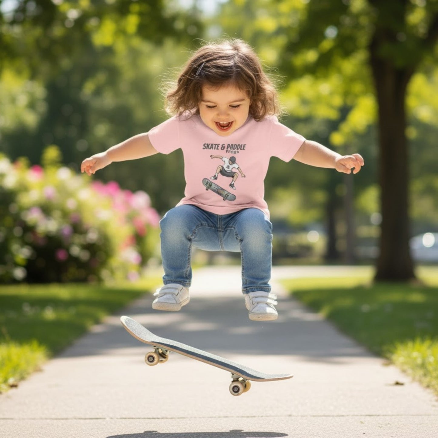 Toddler Skateboard Tee Germ "Skate & Paddle Frogs™ Pink doing an ollie on a popsicle deck