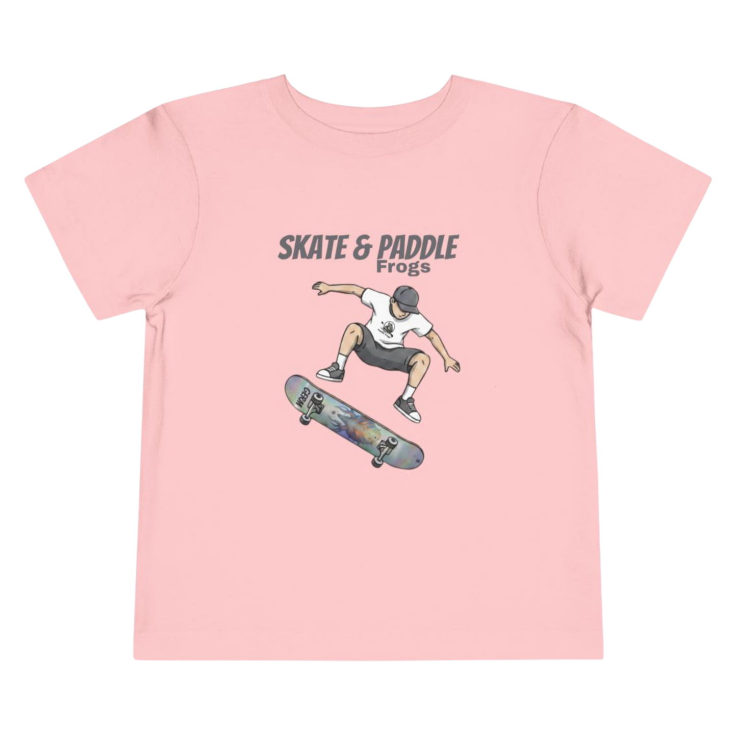 Toddler Skateboard Tee — Germ "Skate & Paddle Frogs™ Pink on a transparent background