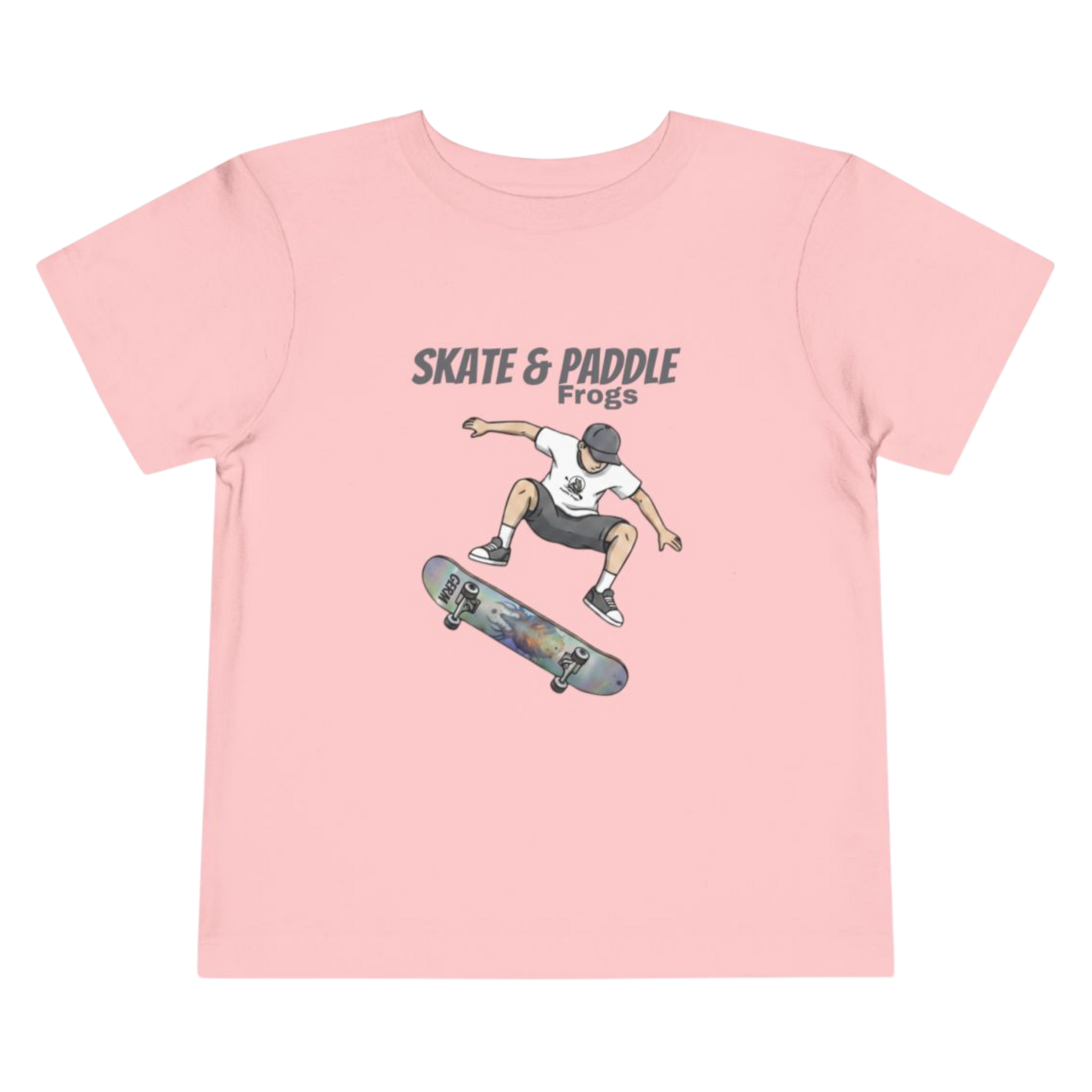 Toddler Skateboard Tee — Germ "Skate & Paddle Frogs™ Pink on a transparent background