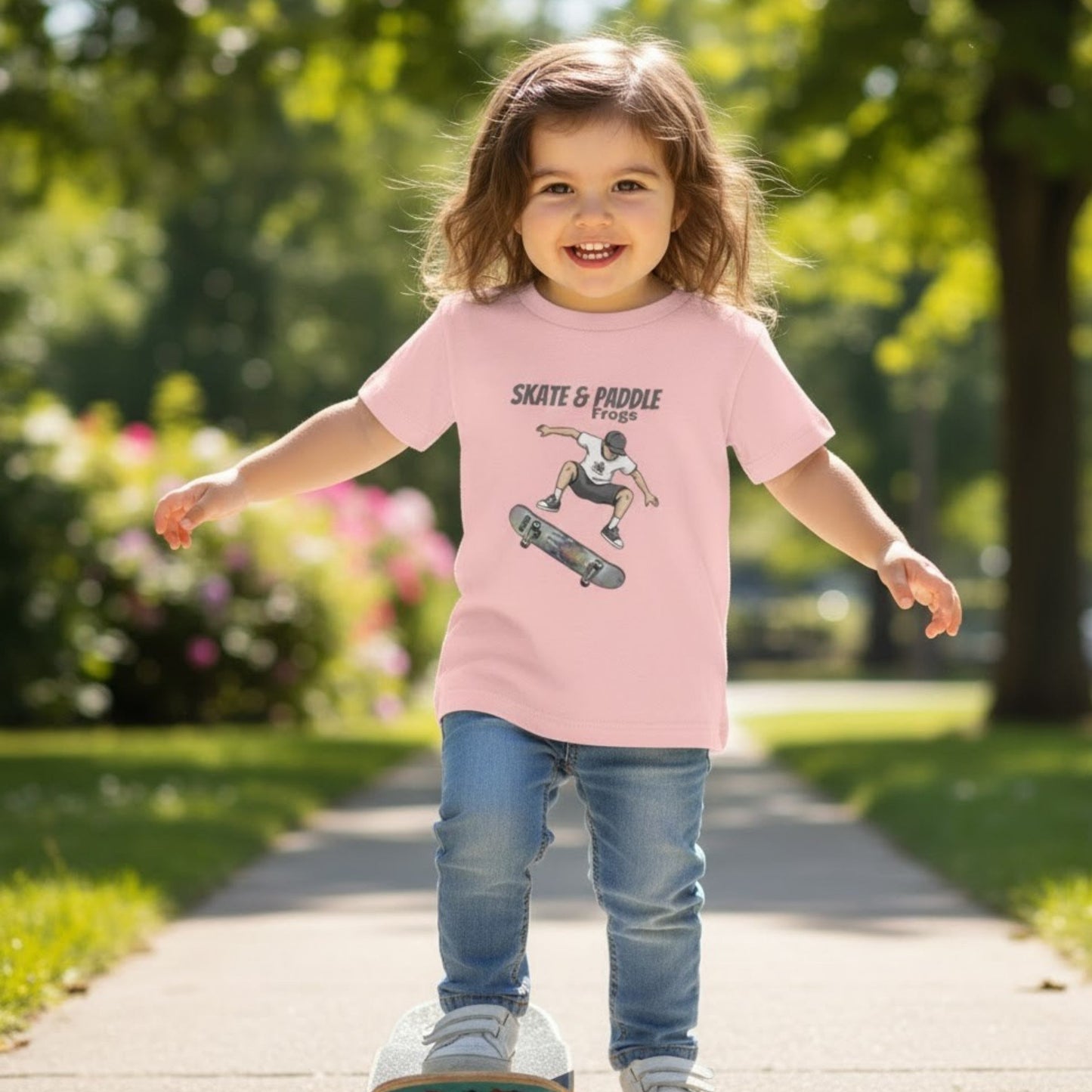 Toddler Skateboard Tee Germ "Skate & Paddle Frogs™ Pink riding a skateboard at the park