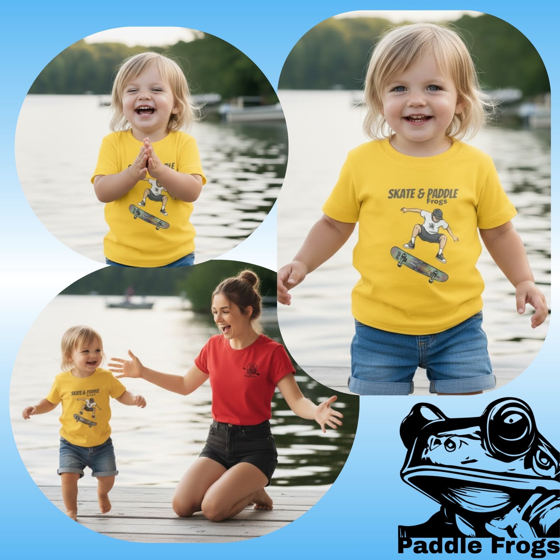 Toddler Skateboard Tee Germ "Skate & Paddle Frogs™ Yellow at the lake collage of 3 three images