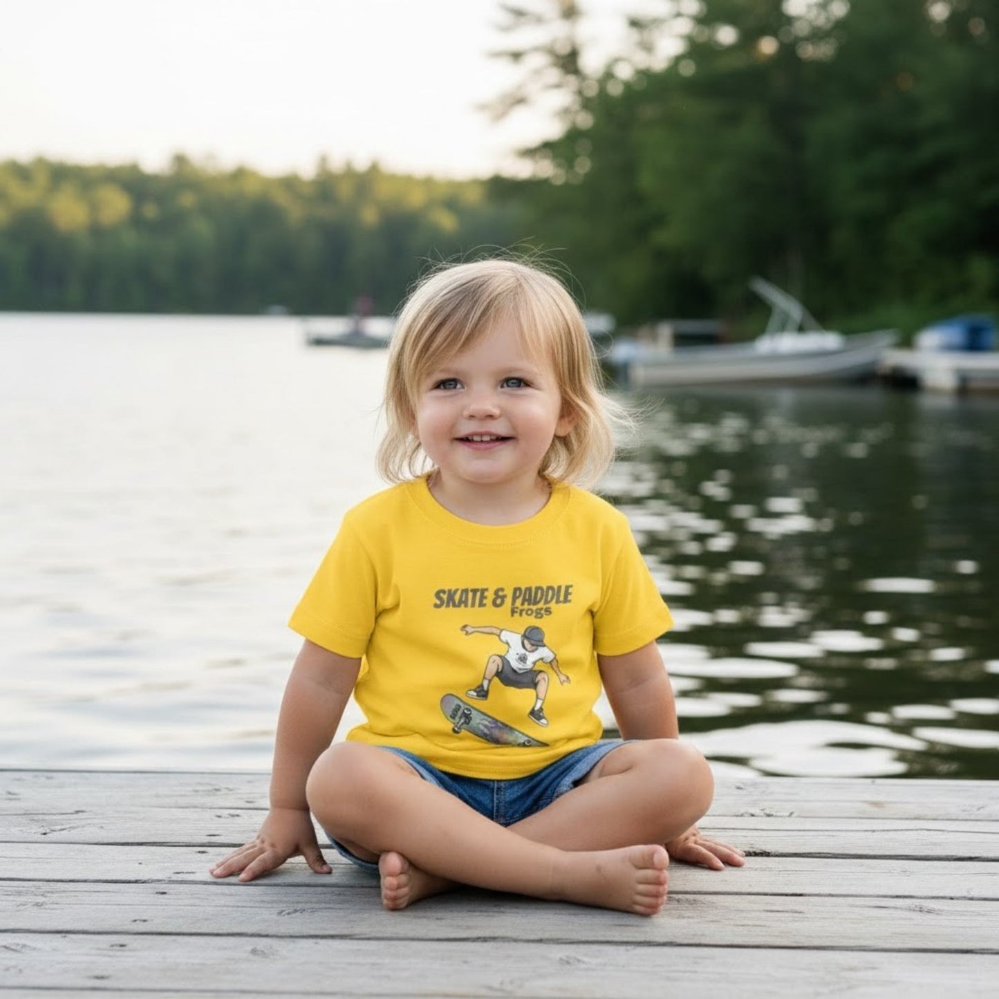 Toddler Skateboard Tee Germ "Skate & Paddle Frogs™ Yellow sitting crisscross applesauce at the lake
