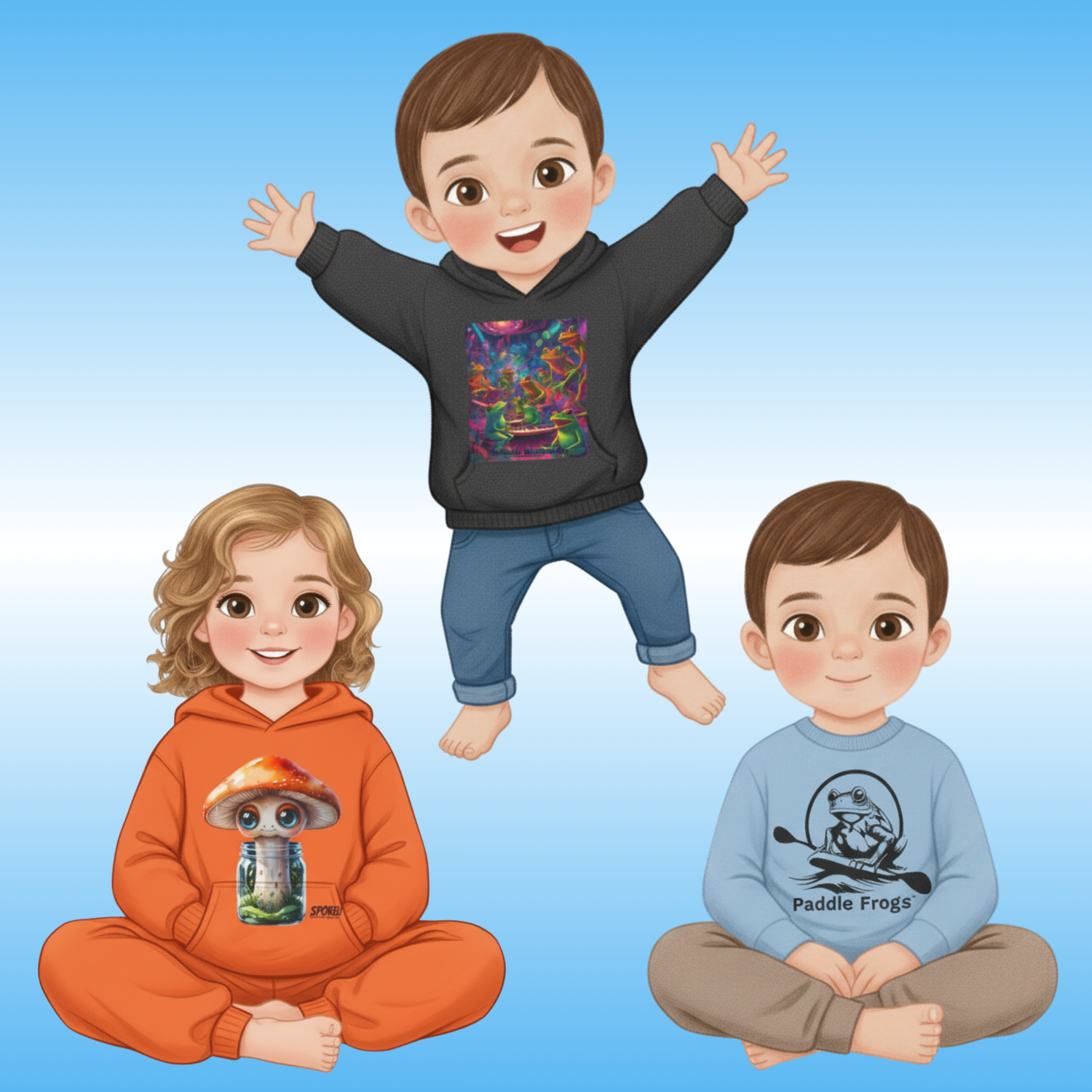 Toddler Threads | apparel by Paddle Frogs™ Kids | Three cartoon children wearing colorful hoodies and t-shirts with graphic designs on a blue background