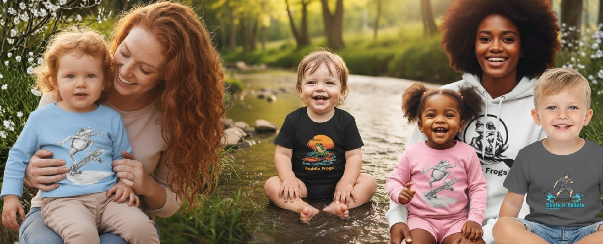 Two women and four children by a stream in a natural setting. Toddler Threads by Paddle Frogs Outdoor Gear