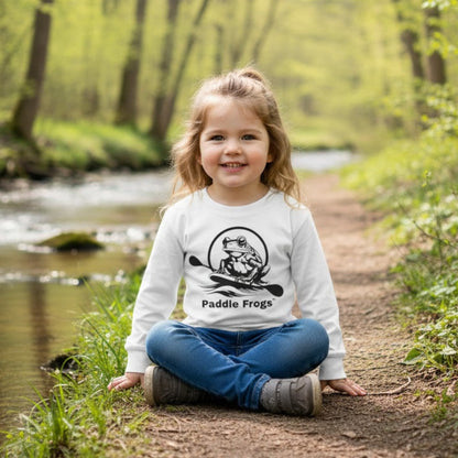 Toddler's in Balance | Long Sleeve Tee | Paddle Frogs™ 5 year old wearing white sitting crisscross applesauce