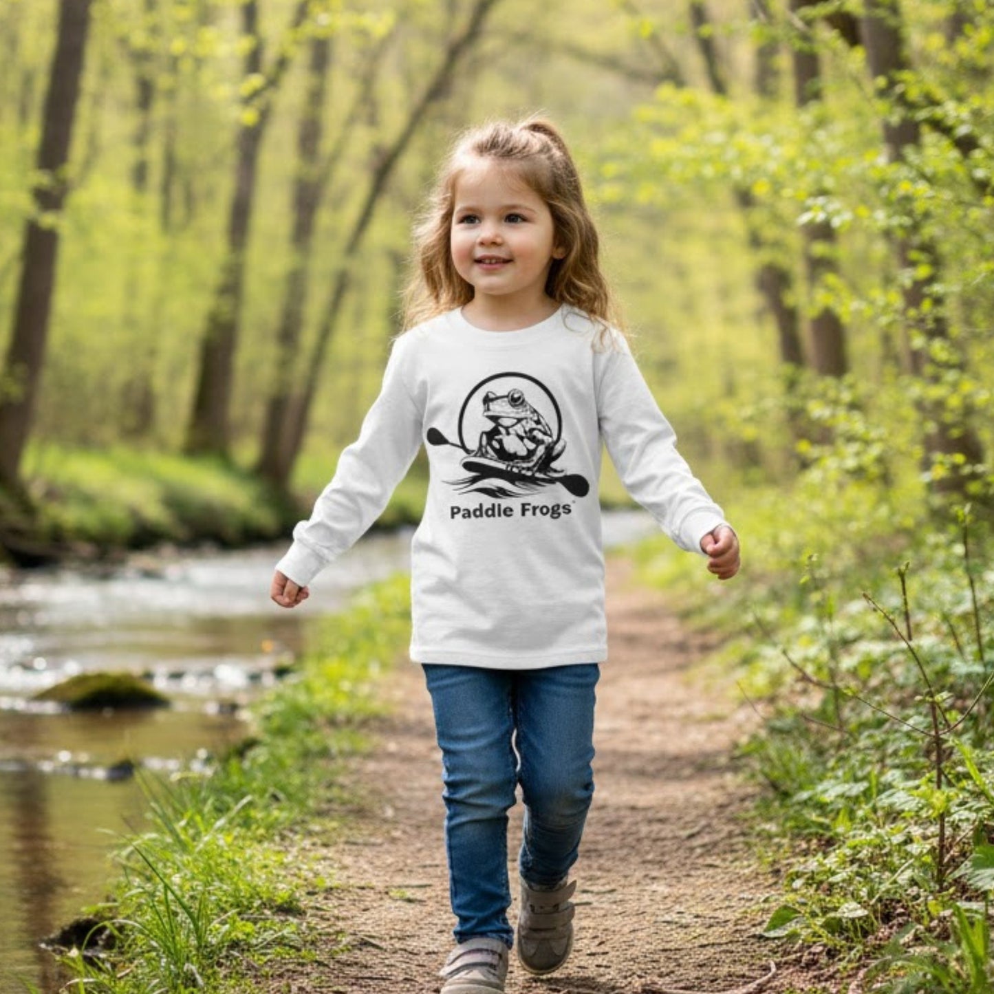 Toddler's in Balance | Long Sleeve Tee | Paddle Frogs™ 5 year old wearing white walking the creeks path