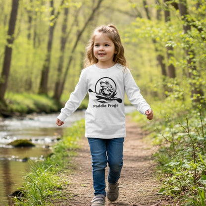Toddler's in Balance | Long Sleeve Tee | Paddle Frogs™ 5 year old wearing white walking the creeks path