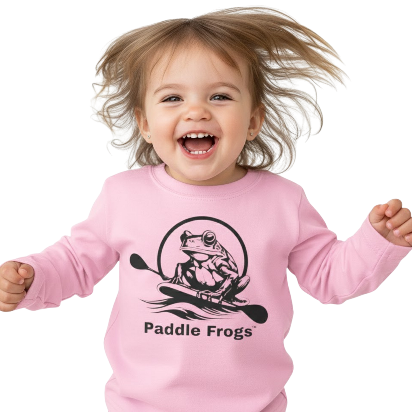 Toddler's in Balance | Long Sleeve Tee | Paddle Frogs™ Light Pink on a transparent background