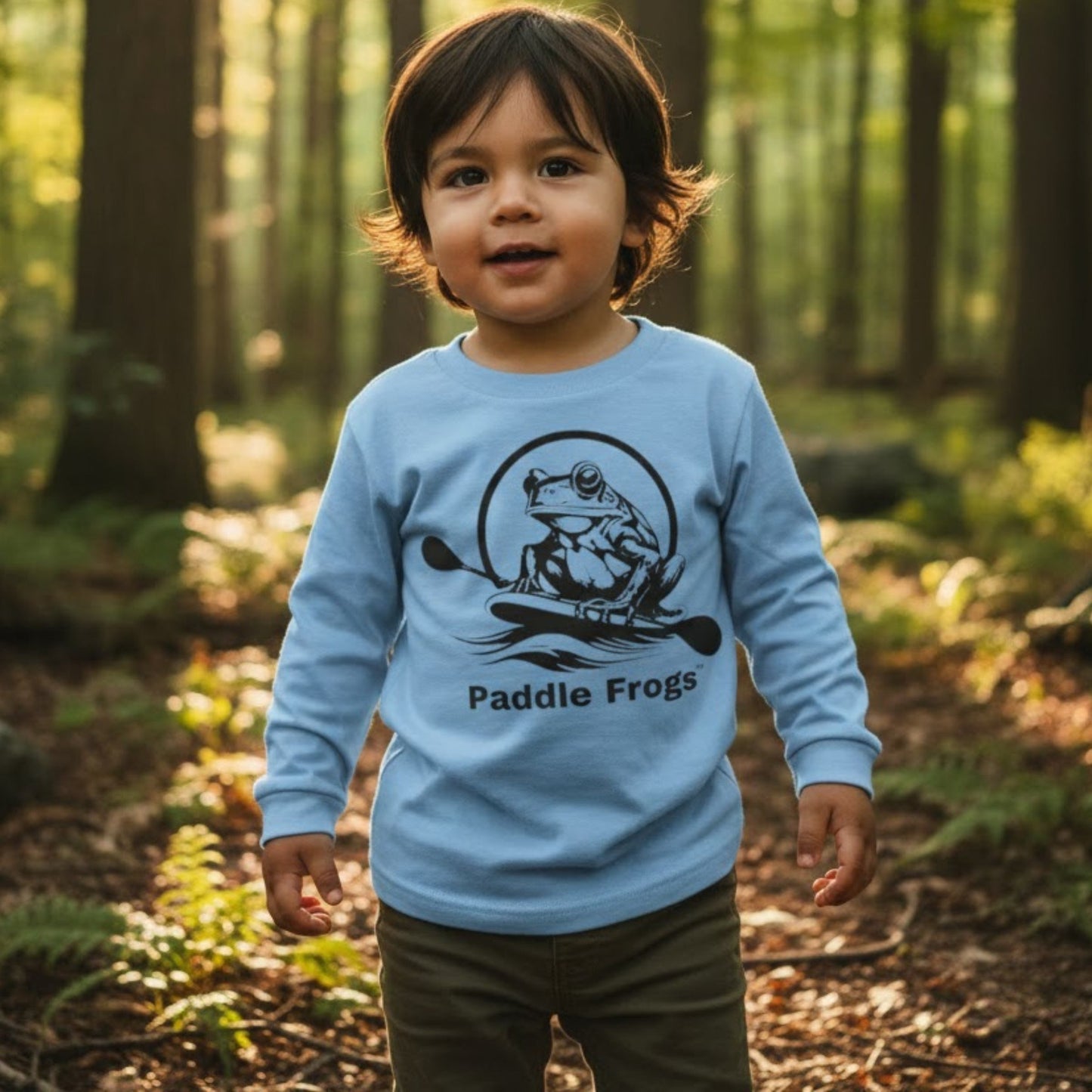 Toddler's in Balance | Long Sleeve Tee | Paddle Frogs™ Light blue with 3 year old Native American boy in the TN forest