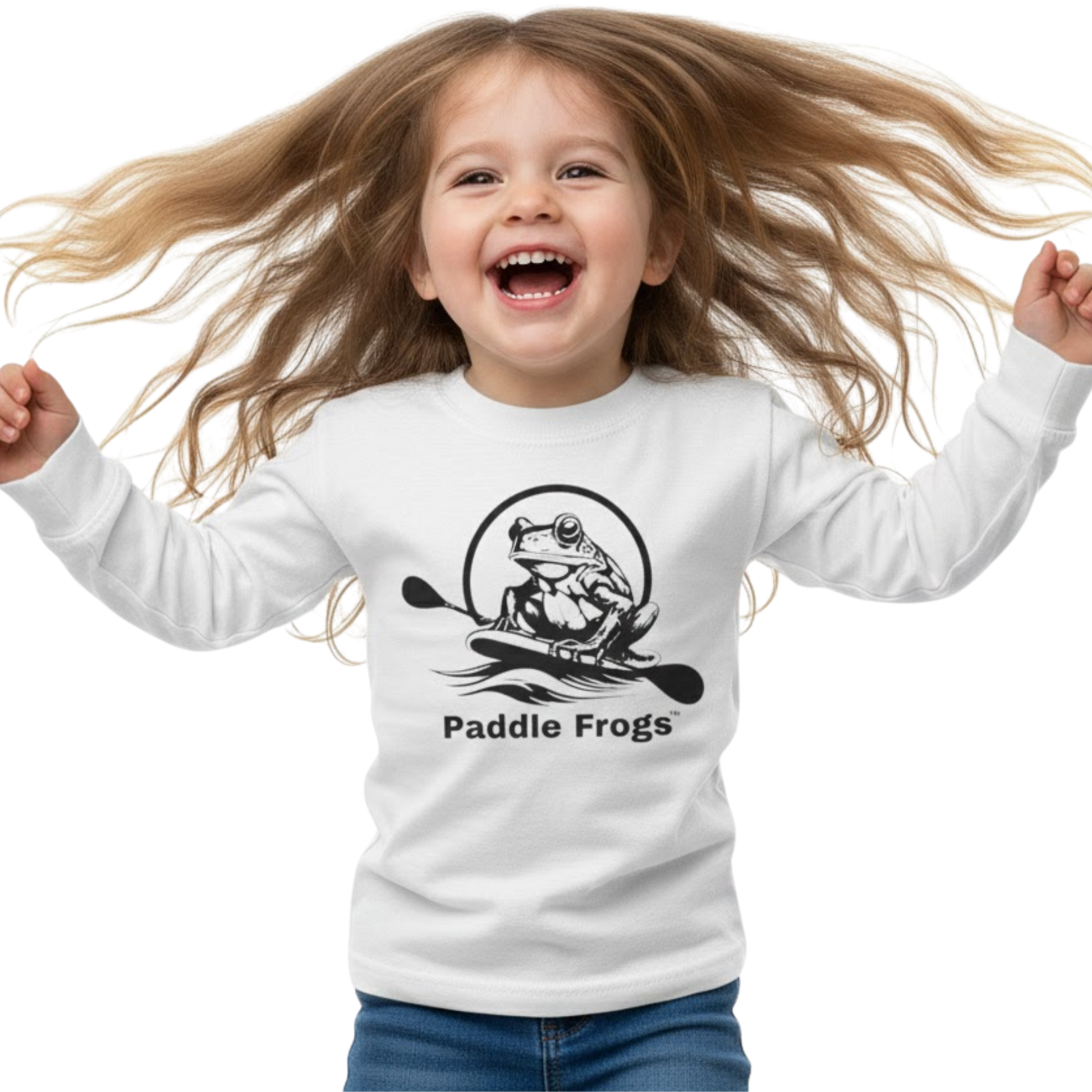 Child wearing a white long-sleeve shirt with 'Paddle Frogs' logo on a transparent background
