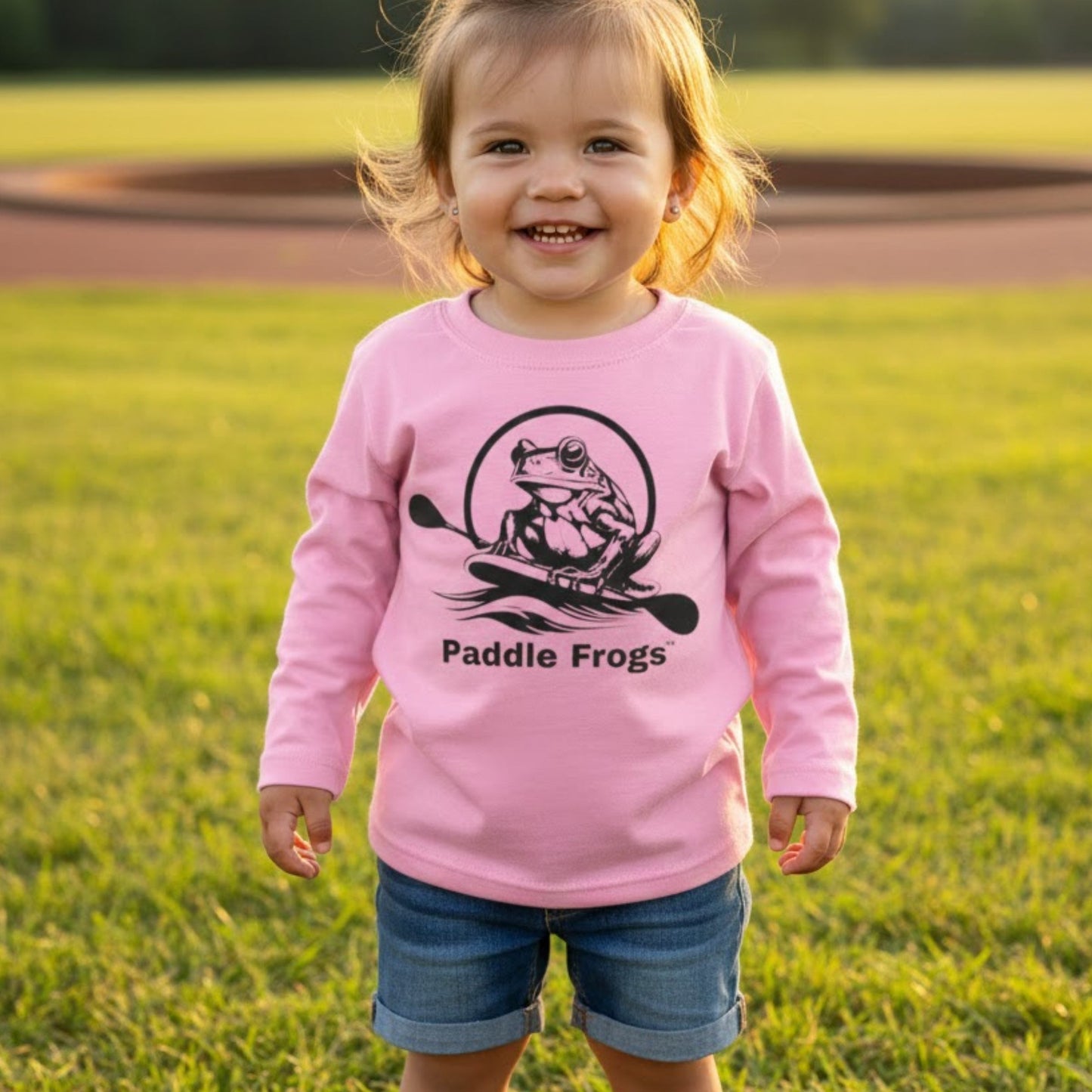 Child wearing a pink 'Paddle Frogs' shirt in a grassy field