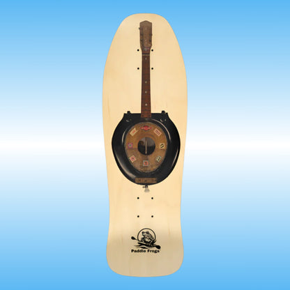Toilet Bowl Guitar - Paddle Frogs  -Skateboard with a unique design on a blue gradient background