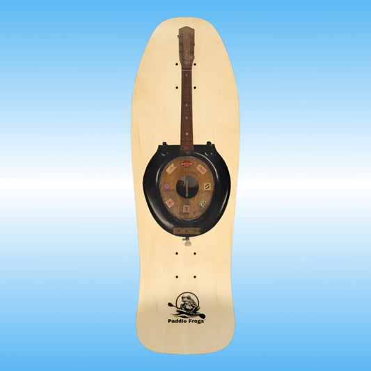 Toilet Bowl Guitar - Paddle Frogs  -Skateboard with a unique design on a blue gradient background
