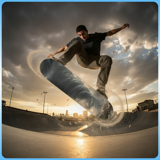 image that showcases the Tornado 8" Popsicle Skateboard Deck Skateboarder performing a trick at a skate park with a city skyline in the background.