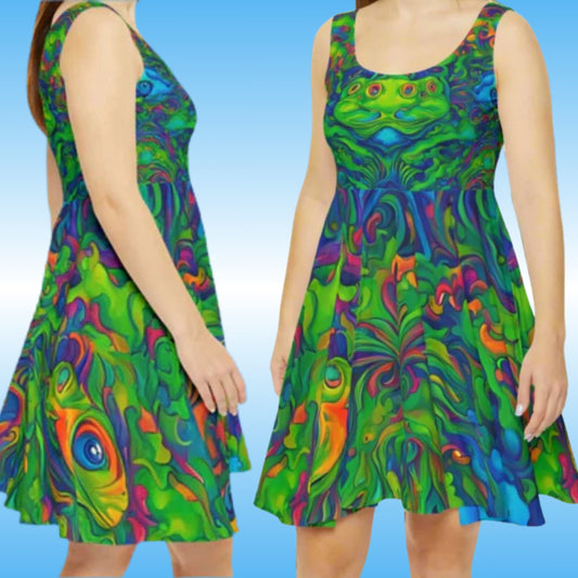 Trippin Over Frogs Skater | Sun Dress colorful greens and blue with a touch of orange purple and more