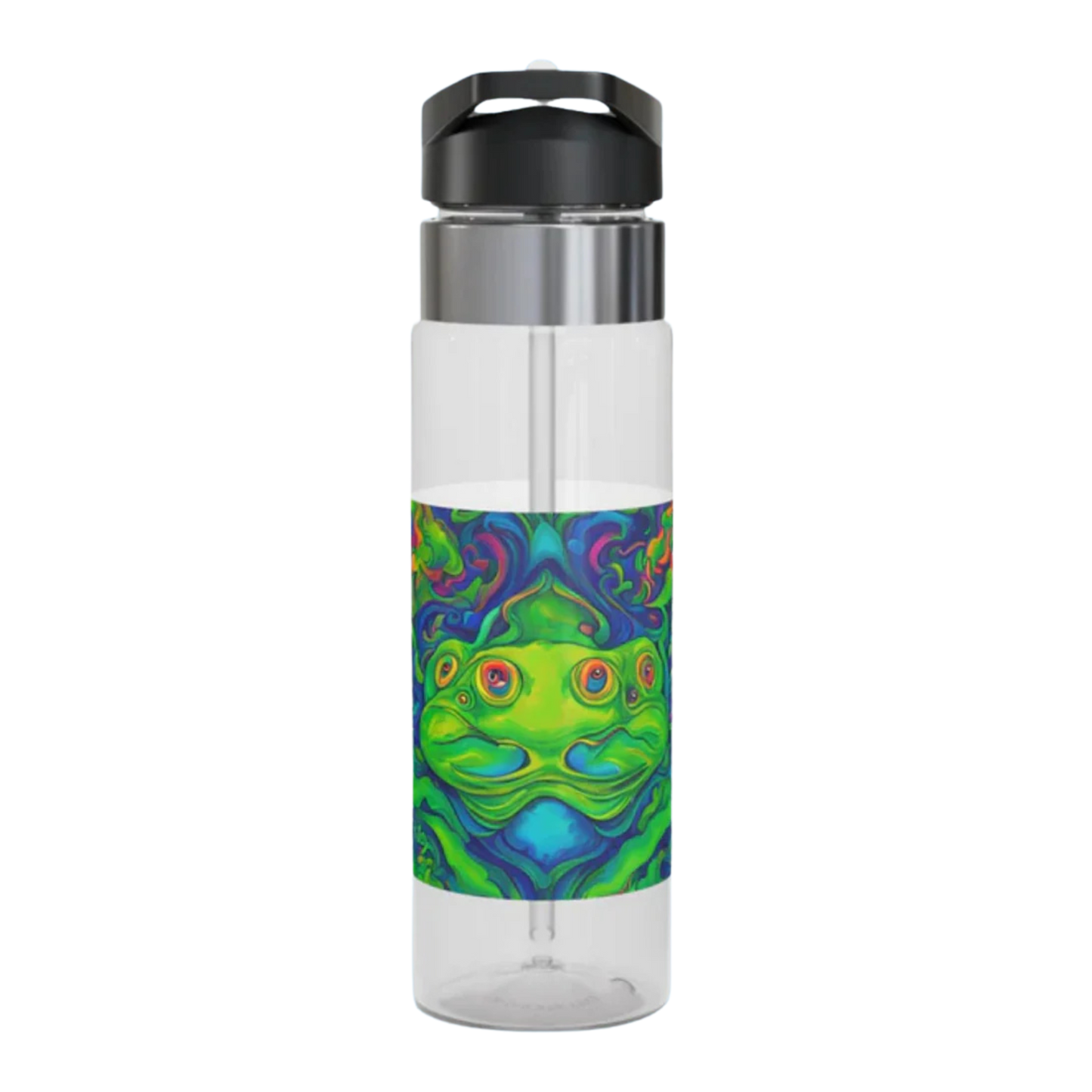 Trippin on Frogs 20oz Clear water bottle with a colorful abstract design on a white background