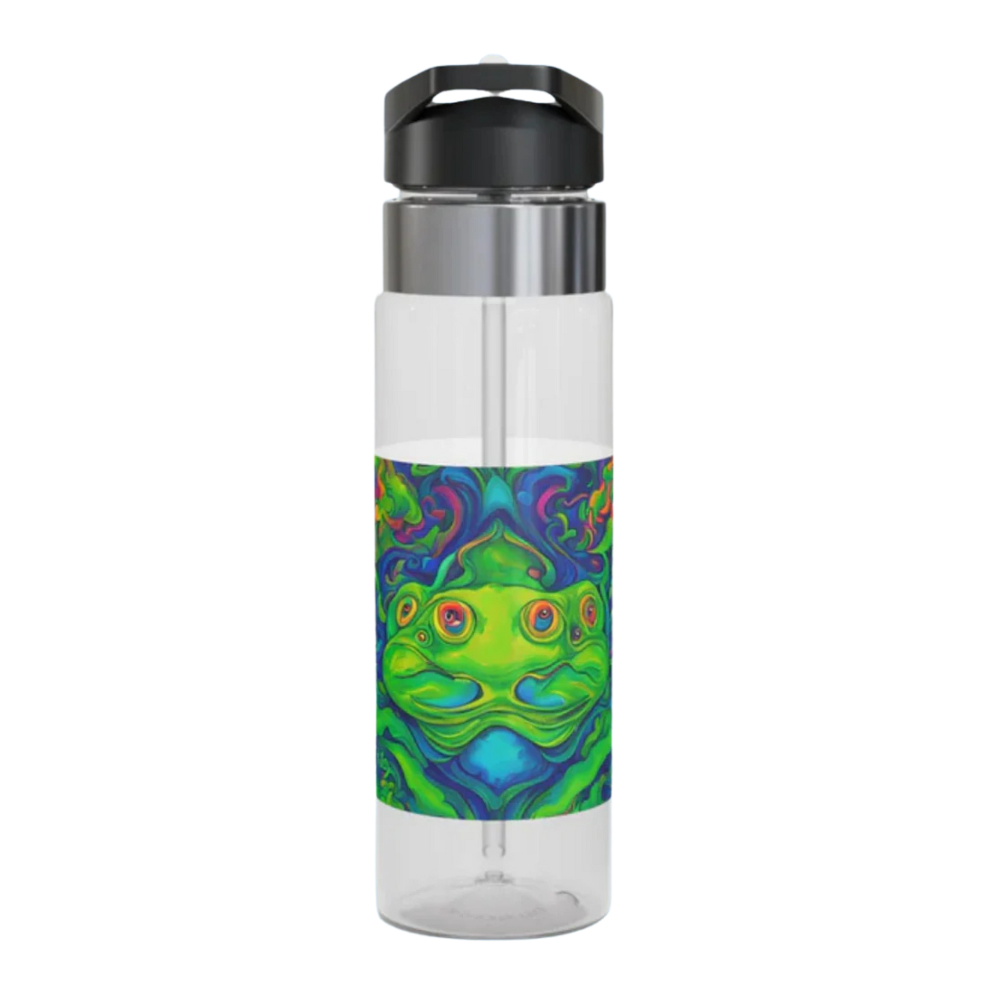 Trippin on Frogs 20oz Clear water bottle with a colorful abstract design on a white background