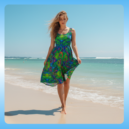 Trippin on Frogs summer dress Paddle Frogs Outdoor Gear Woman in a colorful dress standing on a beach with clear blue sky and ocean.