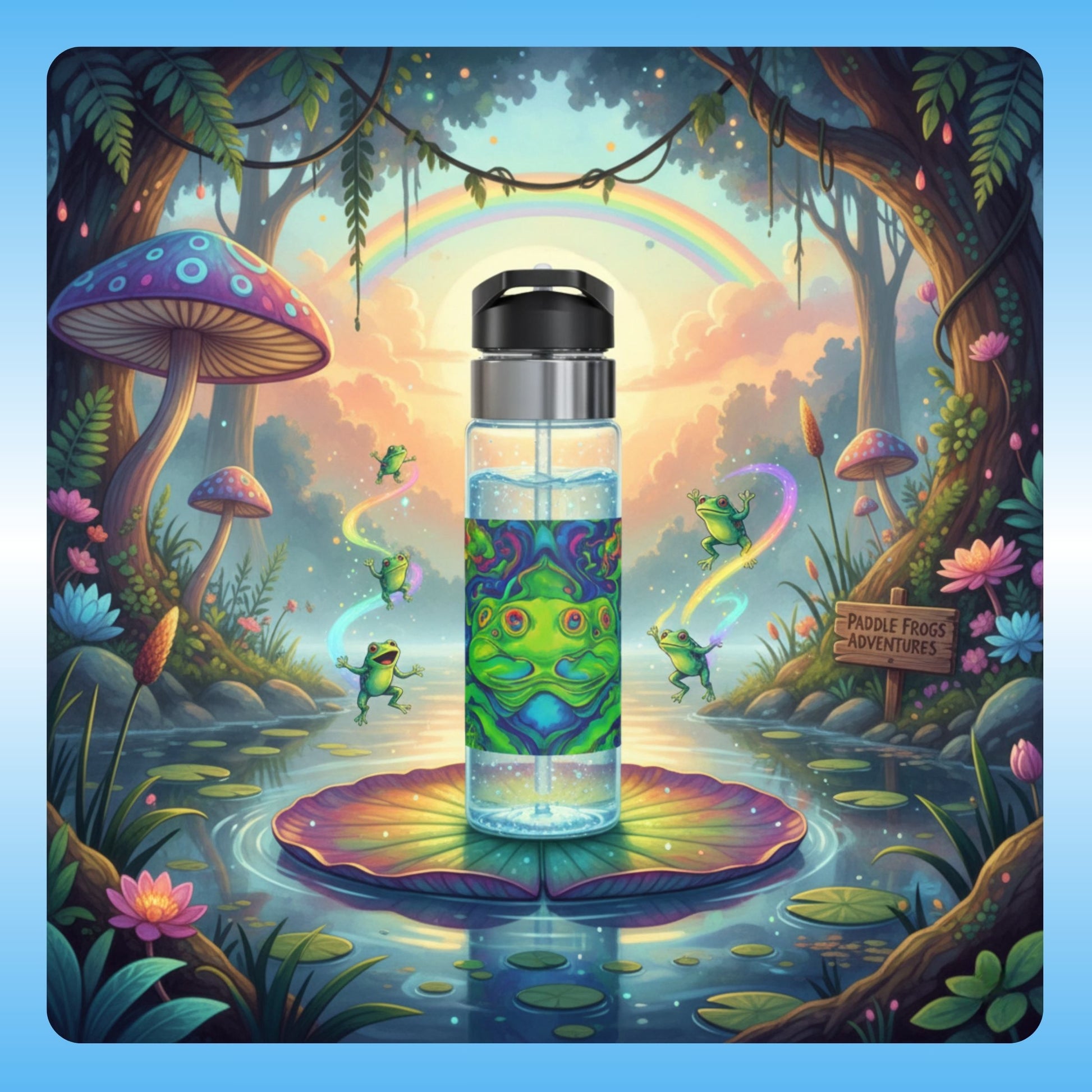 Paddle Frogs™ Trippin Over Frogs 20oz clear Tritan™ water bottle. Whimsical design for nature lovers, dreamers & adventurers. Stay hydrated! Colorful water bottle with frog design in a fantasy forest setting