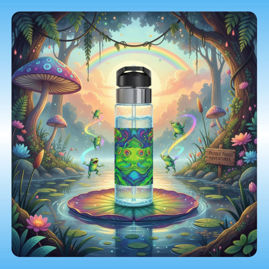 Paddle Frogs™ Trippin Over Frogs 20oz clear Tritan™ water bottle. Whimsical design for nature lovers, dreamers & adventurers. Stay hydrated! Colorful water bottle with frog design in a fantasy forest setting