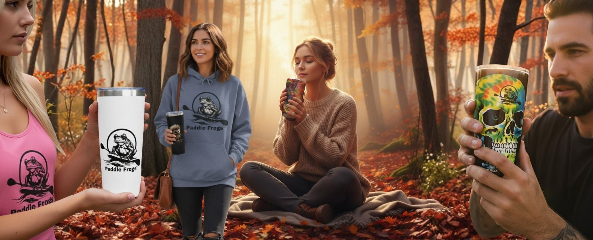 Tumblers by Paddle Frogs | People in a autumn forest setting holding branded tumblers and sweatshirts.