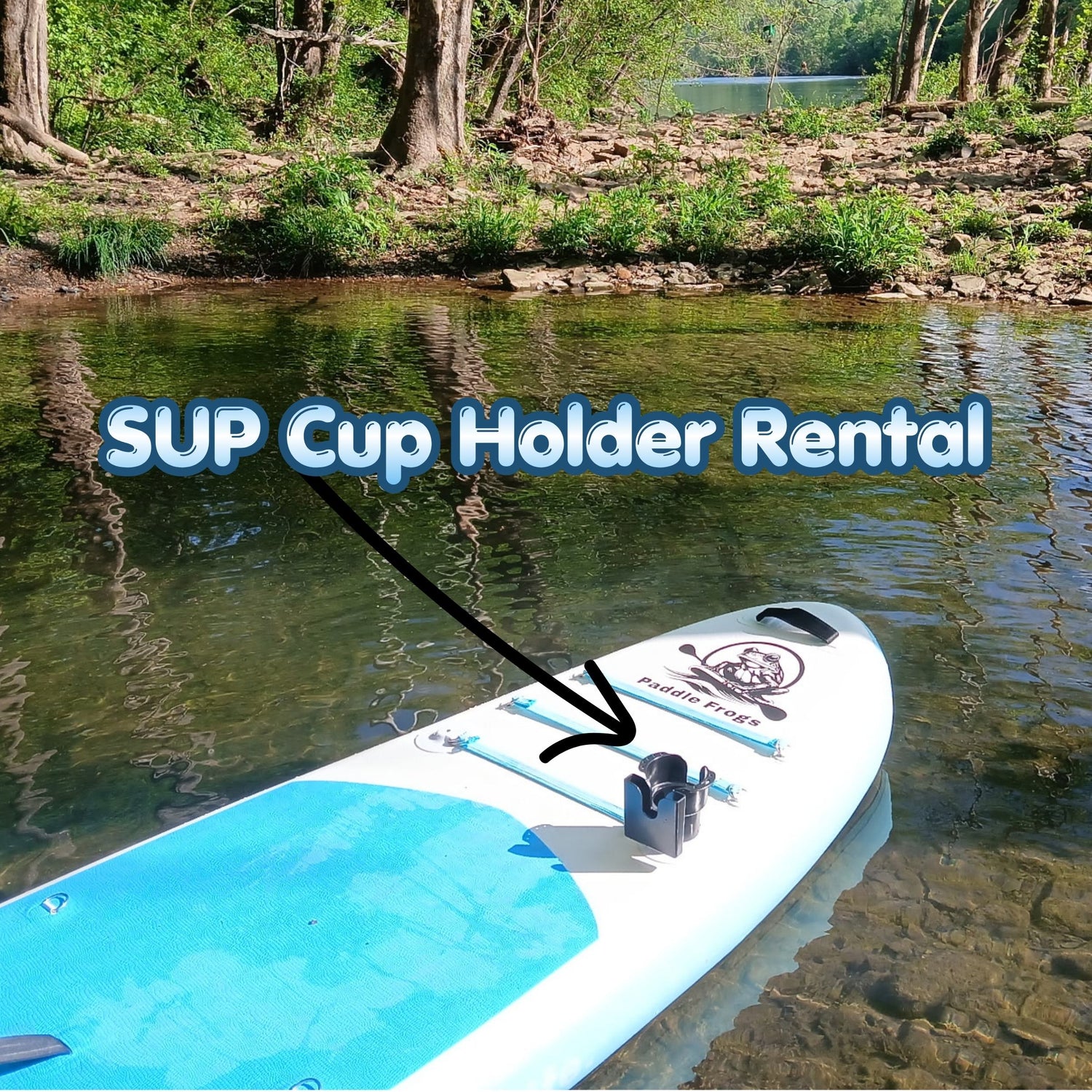 Stand-up paddleboard with cup holder rental on the Emory riverbank at Paddle Frogs agritourism