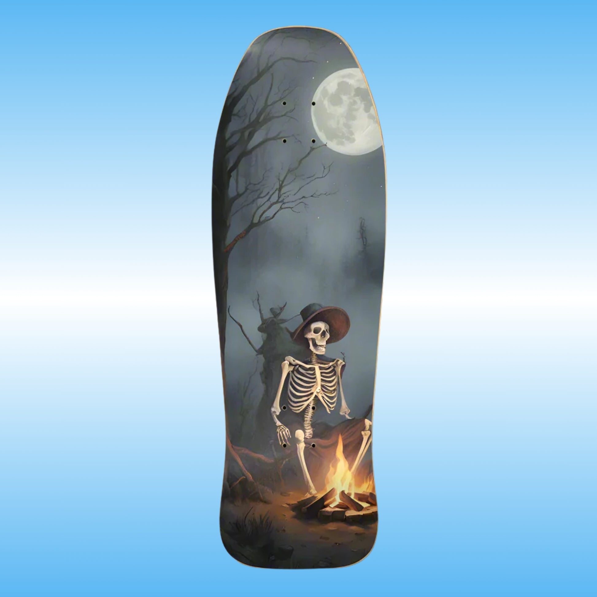 Warm Your Bones - Paddle Frogs  - Skateboard deck with a skeleton by a campfire and moonlit sky design on a blue gradient background.