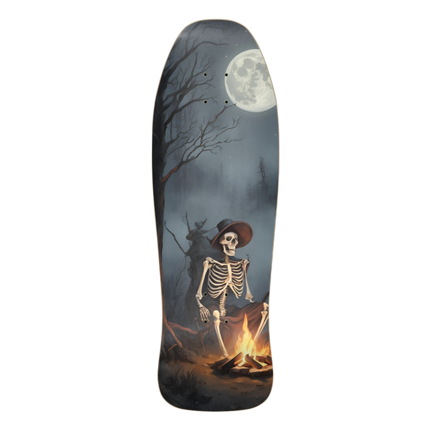 Warm Your Bones | Classic Skate Deck | Paddle Frogs™ with a skeleton by a campfire and moonlit trees design. on a transparent background