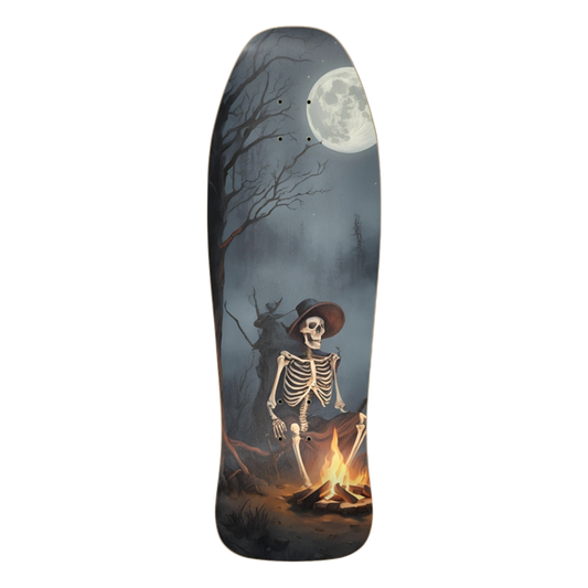 Warm Your Bones | Classic Skate Deck | Paddle Frogs™ with a skeleton by a campfire and moonlit trees design. on a transparent background