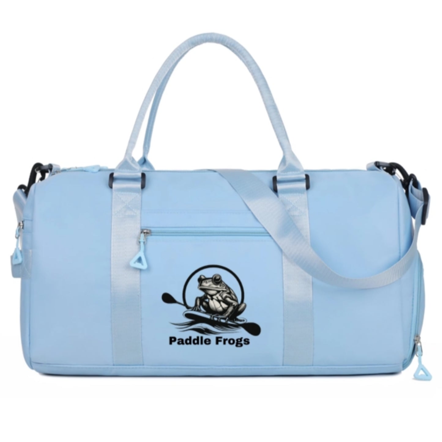 Sky blue waterproof camping SUP tote bag with shoulder strap by Paddle Frogs