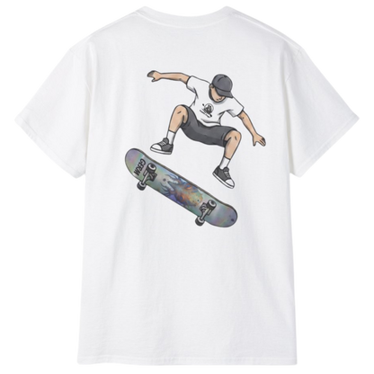 White Germ Skateboarder Kickflip Graphic Tee by Paddle Frogs™ on a transparent background