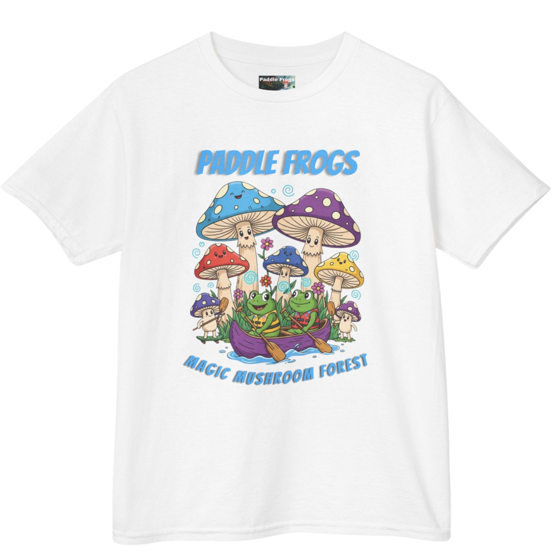 White | Magic Mushroom Forest Kids Tee White t-shirt with colorful frog and mushroom design on a white background