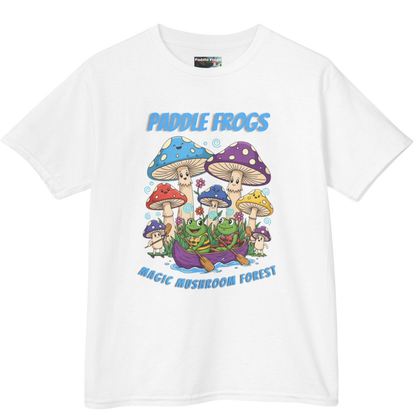 White | Magic Mushroom Forest Kids Tee White t-shirt with colorful frog and mushroom design on a white background