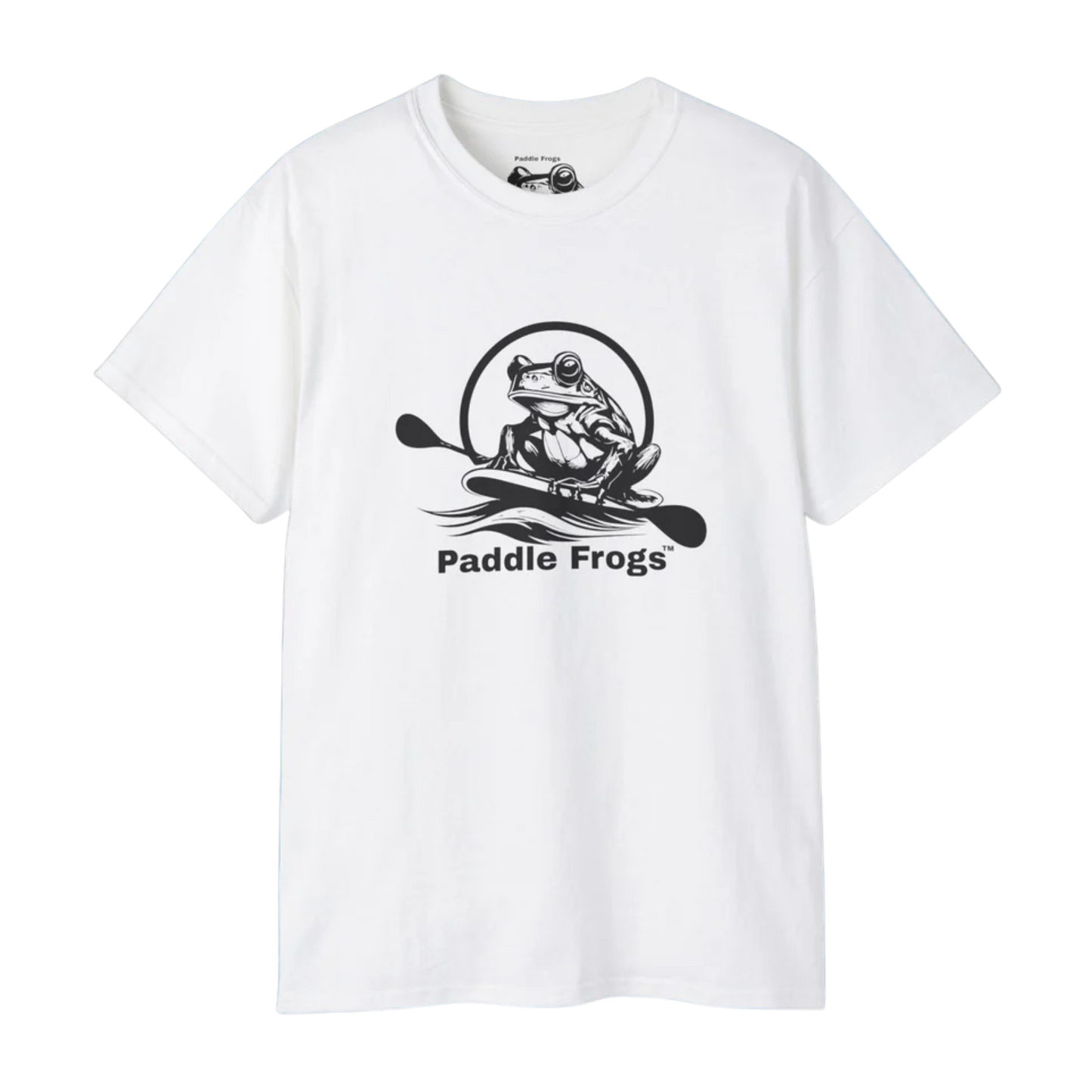 White t-shirt with black frog graphic and 'Paddle Frogs' text on a white background