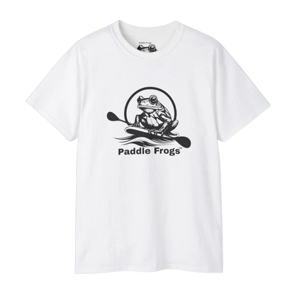 White t-shirt with black frog graphic and 'Paddle Frogs' text on a white background