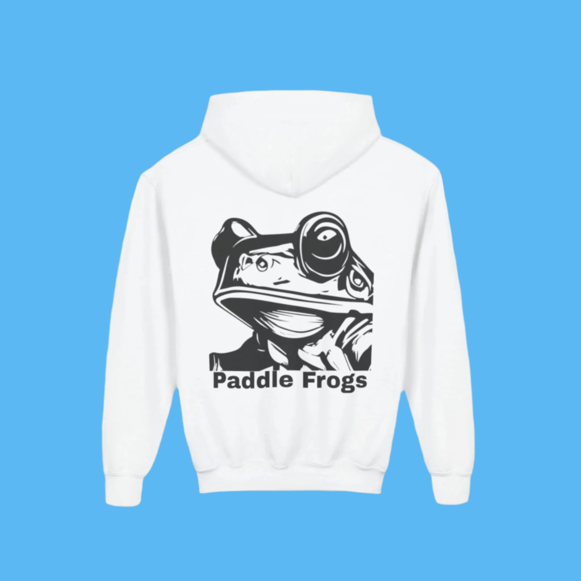 White Youth Hoodie with a graphic of a Paddle Frogs frog face on front and back
