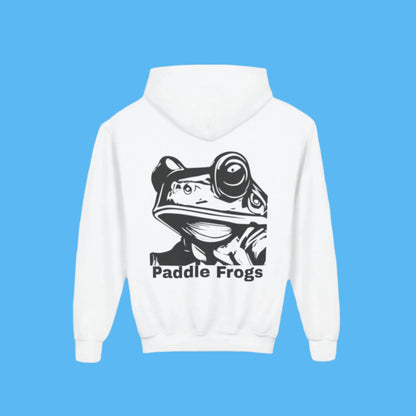 White Youth Hoodie with a graphic of a Paddle Frogs frog face on front and back