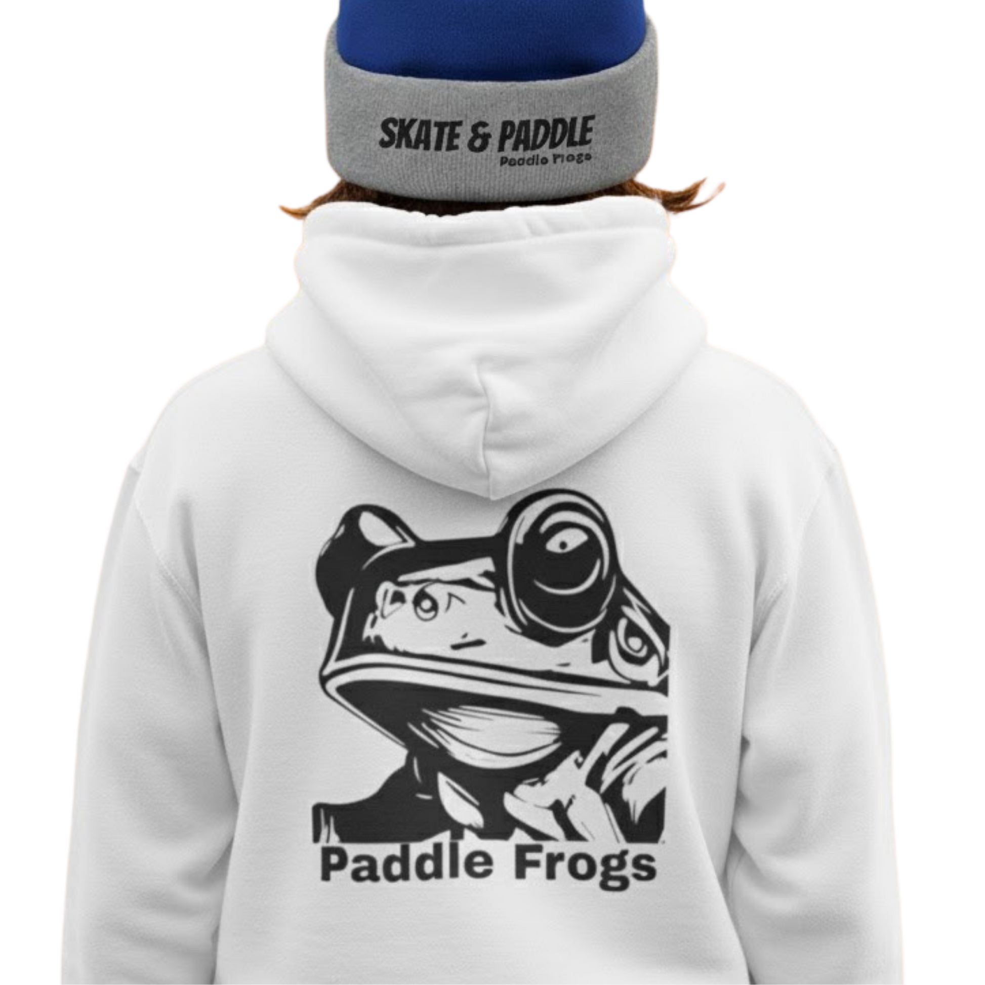 White backside of the Adventure Hoodie by Paddle Frogs™ Kids paired with a Skate & Paddle beanie on a transparent background