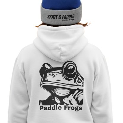 White backside of the Adventure Hoodie by Paddle Frogs™ Kids paired with a Skate & Paddle beanie on a transparent background