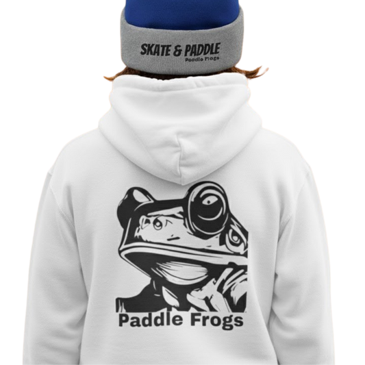 White backside of the Adventure Hoodie by Paddle Frogs™ Kids paired with a Skate & Paddle beanie on a transparent background