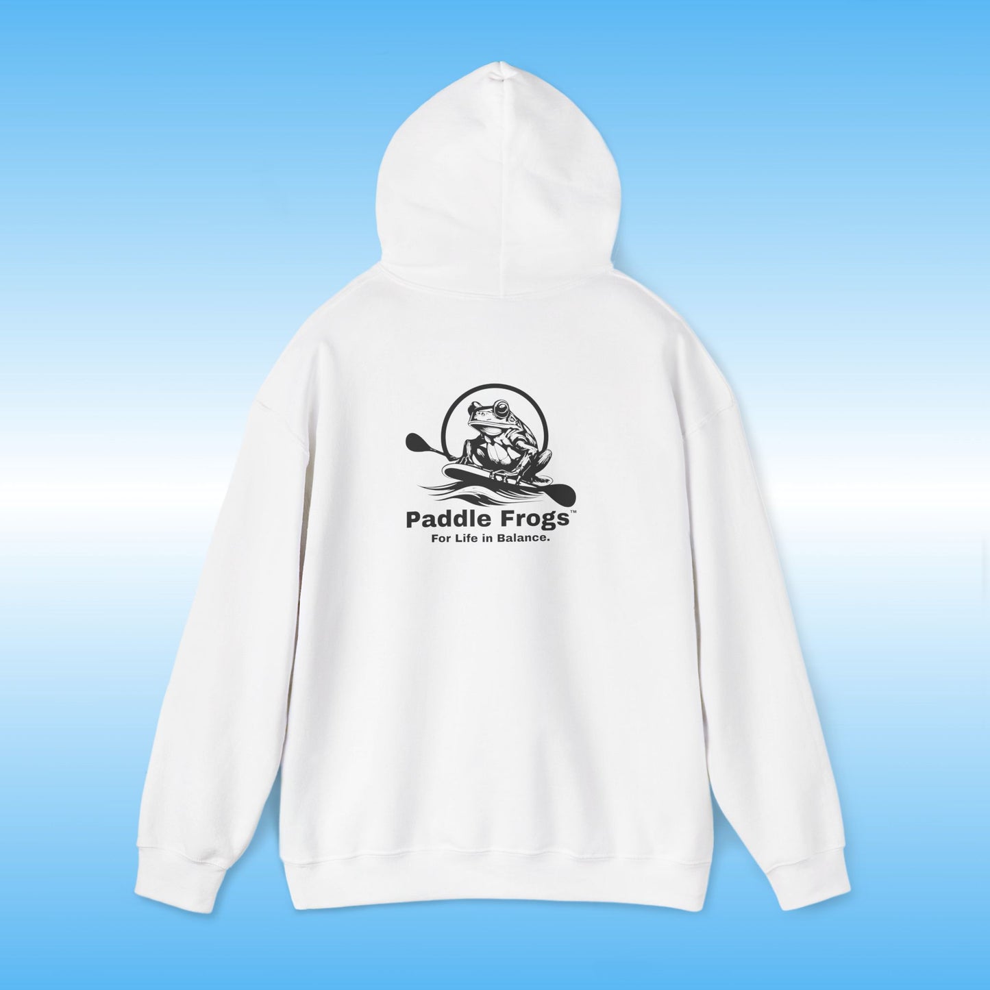 White hoodie with 'Paddle Frogs' logo on a blue gradient background Heather Gray Original frog on a paddle board with a double bladed paddle For Life in Balance.