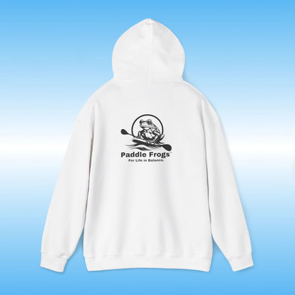 White hoodie with 'Paddle Frogs' logo on a blue gradient background Heather Gray Original frog on a paddle board with a double bladed paddle For Life in Balance.