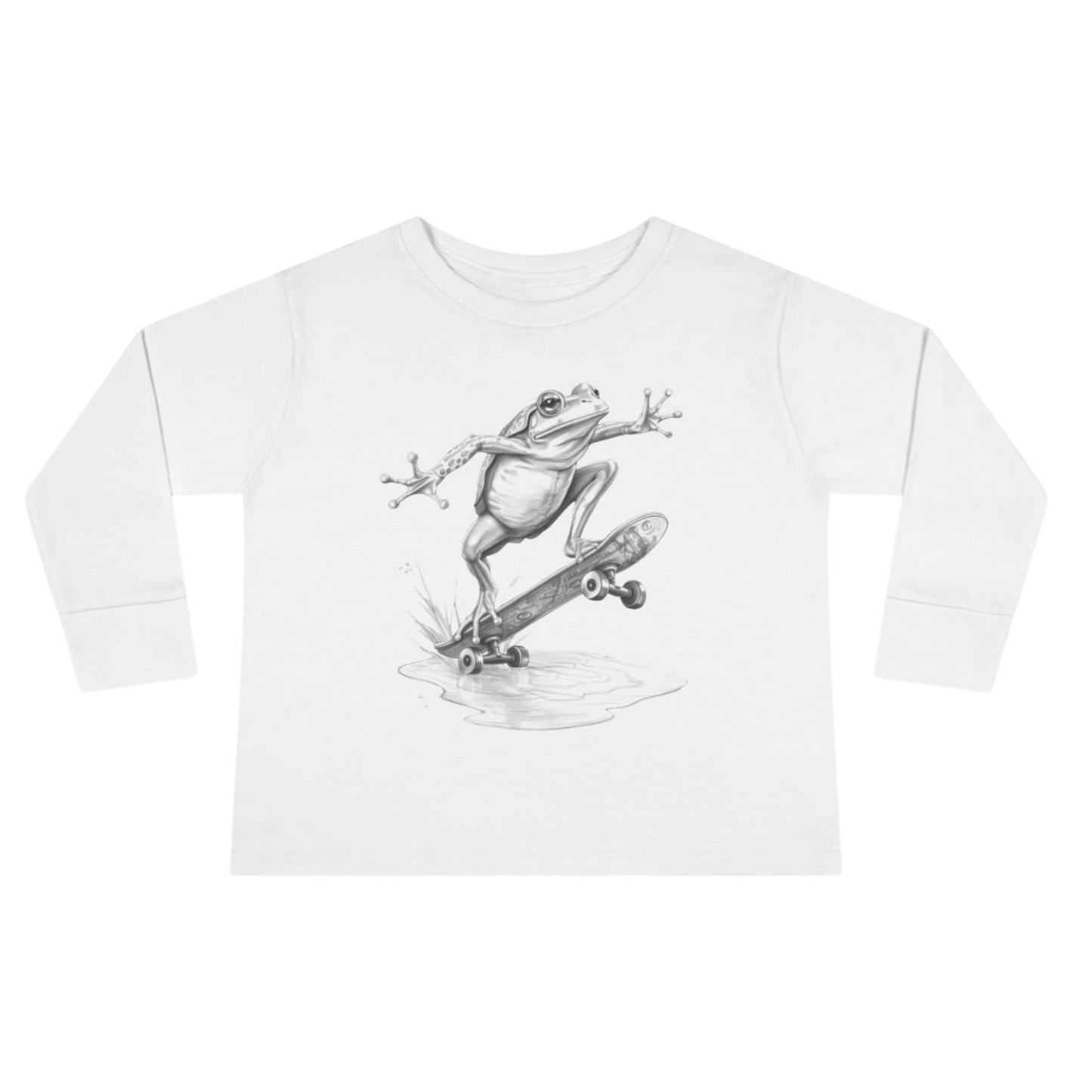 White long-sleeve shirt with a black and white frog graphic on a white background