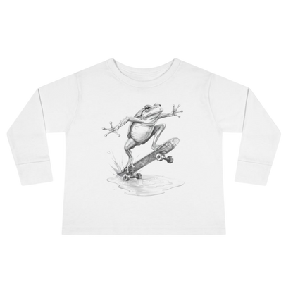 White long-sleeve shirt with a black and white frog graphic on a white background
