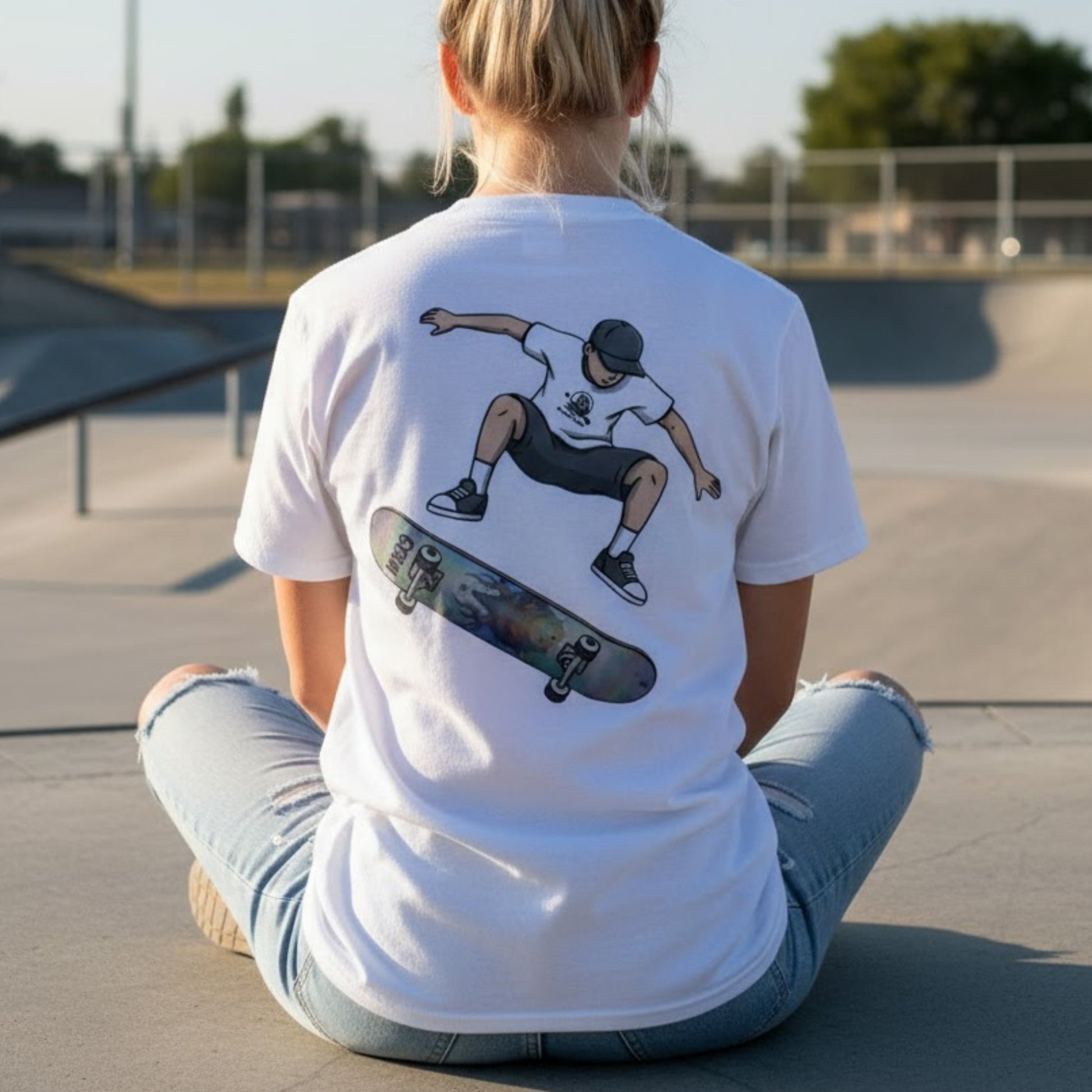 White sitting crisscross applesauce Germ Skateboarder Kickflip Graphic Tee by Paddle Frogs™
